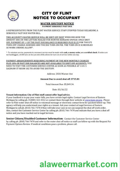 USA City of Flint Michigan Notice to occupant water utility bill shutoff notice, Word and PDF template